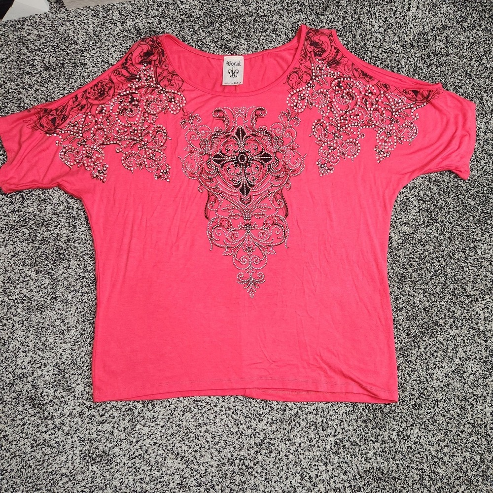 Y2k Vocal Cold Shoulder Top Coral Rhinestone Bling Boho Western Chic Women's Xl